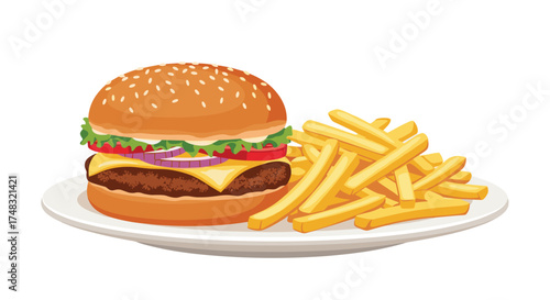 A delicious hamburger with cheese and french fries on a plate.