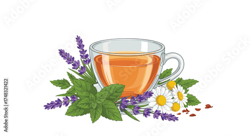 Herbal tea blend featuring mint lavender and chamomile flowers.