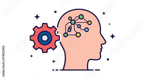 Vector illustration of illustration of a human head profile with a gear and a neural network inside