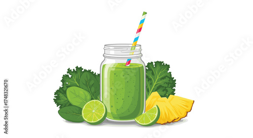 A vibrant green smoothie made with kale lime and pineapple in a jar.