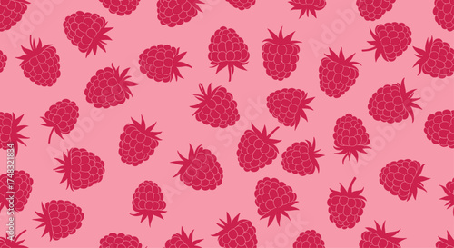 A delightful pattern of ripe red raspberries scattered across a soft pink background.