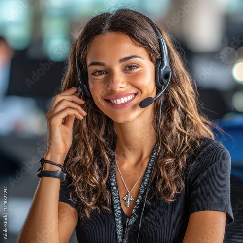Smiling woman wear headset, engaged in positive, interactive conversation agent, assistant, business, answering, app, call, call center