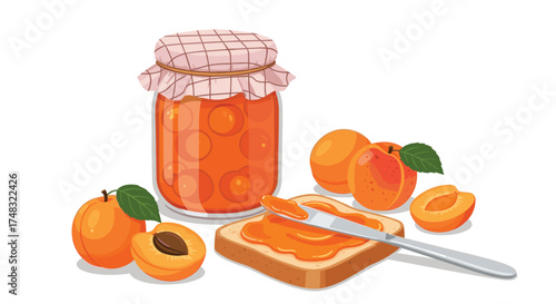 A jar of delicious apricot jam is spread on a slice of toast.