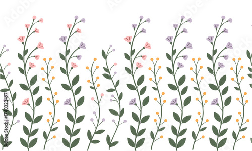 fresh floral pattern, wildflower columns, botanical stems, pastel vines, minimal vector, textile print, fabric design, graphics elements, easily editable. 