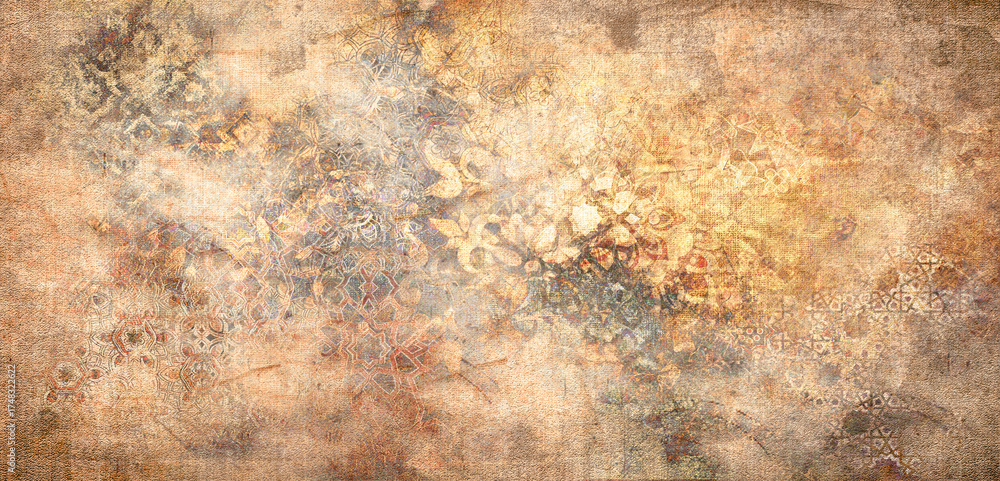 Fototapeta premium canvas texture background with islamic pattern .the patterns on vintage floor . Old gray brown rusty vintage worn shabby patchwork motif tiles stone concrete cement wall texture background banner 