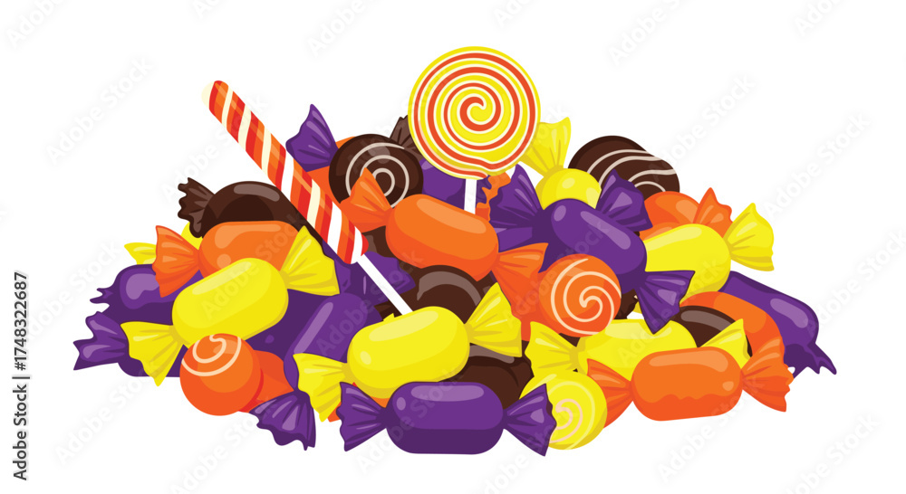 Fototapeta premium A pile of colorful halloween candies including lollipops and wrapped sweets.