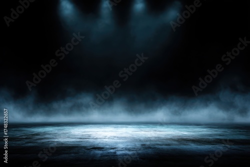 A dramatic and cinematic stage set with dark lighting, spotlights, and fog creating a dynamic atmosphere. Perfect for a performance or event backdrop.