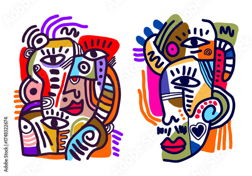 A striking pair of abstract digital portrait illustrations featuring highly fragmented human faces in a vibrant