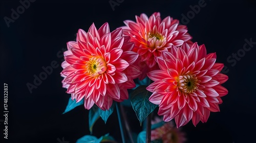 Wallpaper Mural Vibrant pink and coral Dahlias bloom beautifully against a deep, dark background—rich petals and golden centers glowing with elegance, contrast, and natural drama. Torontodigital.ca