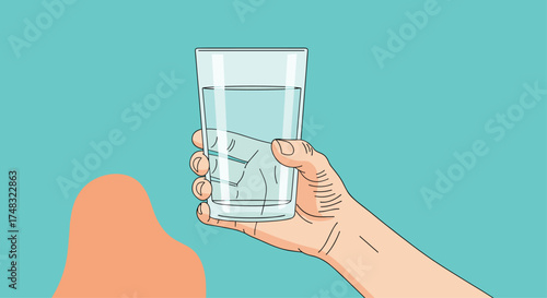 A hand holds a glass of clear water with ice cubes inside.