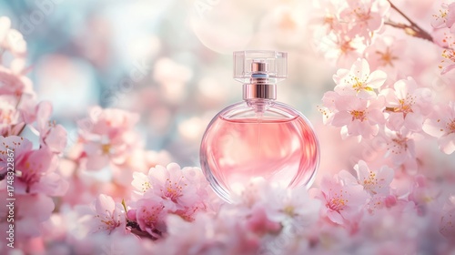 A beautifully floral perfume bottle among blooming cherry blossoms evokes a serene spring ambiance. This stunning glass piece contains a captivating, feminine fragrance that brightens the atmosphere