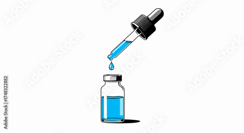Dropper dispensing blue liquid from bottle  
