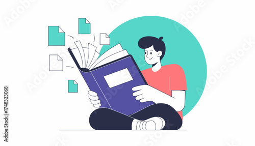 student reading a book with pages flying out, vector illustration for knowledge acquisition and information processing