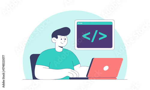 developer coding on a laptop with a code symbol window, vector illustration for software engineering and web development