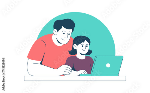 father helping his daughter with a laptop, vector illustration for homeschooling and online family learning