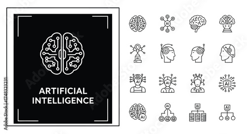 Vector illustration of collection of line art icons representing artificial intelligence, machine learning, and neural networks, set against a with a central brain graphic