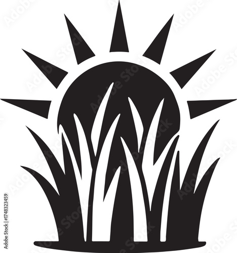 Sugar cane field silhouette with rising sun background, ideal for agriculture and nature design.