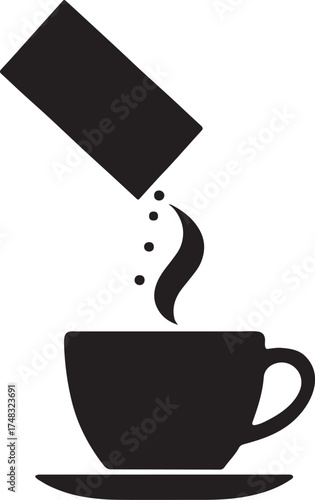 Silhouette of sugar packet being poured into a cup, ideal for beverage and kitchen design.