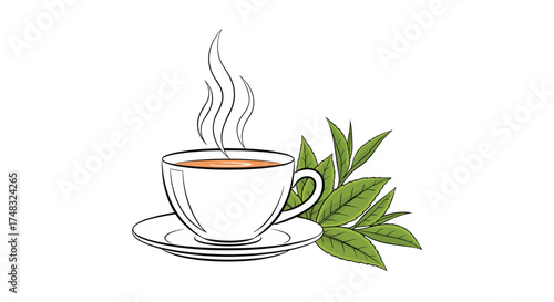 A hot steaming cup of organic green tea with fresh leaves beside it.