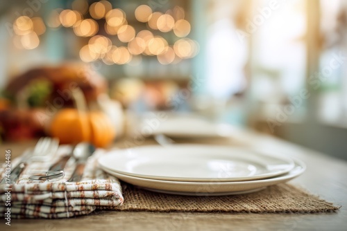 A cozy Thanksgiving dinner atmosphere with a plate, fork, and knife set on a table, with a shallow depth of field creating a warm and inviting scene.