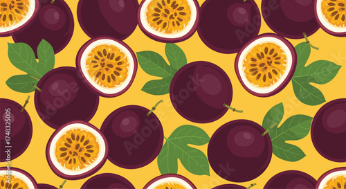 Vibrant pattern of fresh passion fruit and green leaves on yellow background.