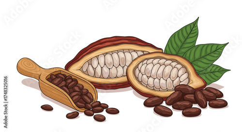 Fresh cocoa beans and pods with roasted beans on a wooden scoop.