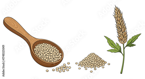 Plantain seeds in a wooden spoon next to a pile and a flower.