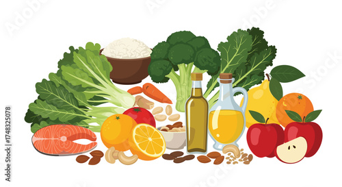 A variety of healthy food items and ingredients for cooking.