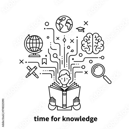 Line art illustration of person reading book with knowledge symbols  