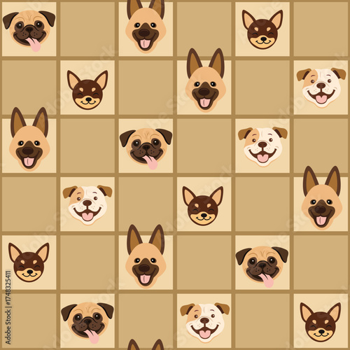 Background with happy faces of cute puppies. Repeatable pattern of avatars of different dog breeds. Funny muzzles of pups, portraits of various fluffy pets.