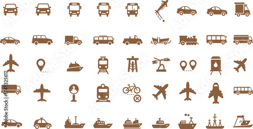 Transportation and travel icon set, car, bus, ship, airplane, truck, train, location, navigation, logistics, delivery, travel vector illustration.