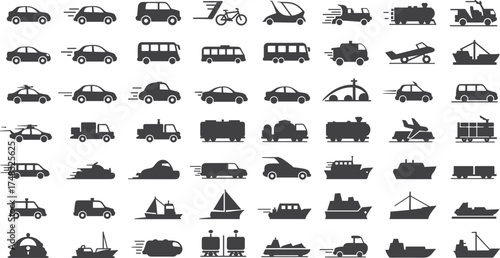 Transportation and vehicle icon set, car, bus, truck, ship, airplane, train, bike, logistics, delivery, travel, transport vector illustration.