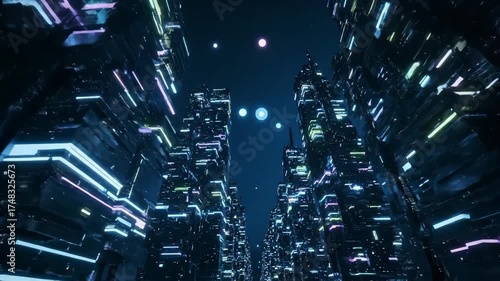 Futuristic cityscape with glowing lights and spheres in a dark sky, digital art