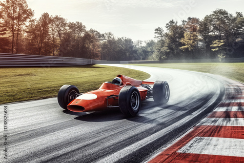 Red retro racing sports car is racing on the racetrack
