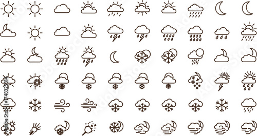 Weather icons collection, sun, cloud, rain, snow, wind, storm, thunder, moon, climate, forecast, meteorology, vector symbols, seasonal illustration.