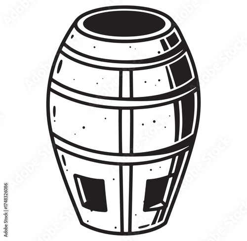 Vintage black and white illustration of a detailed wooden barrel for beverages storage