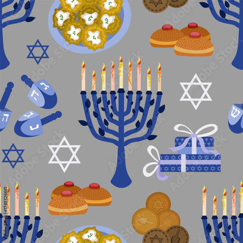 Hanukkah seamless vector pattern with menorah and sweets on silver background