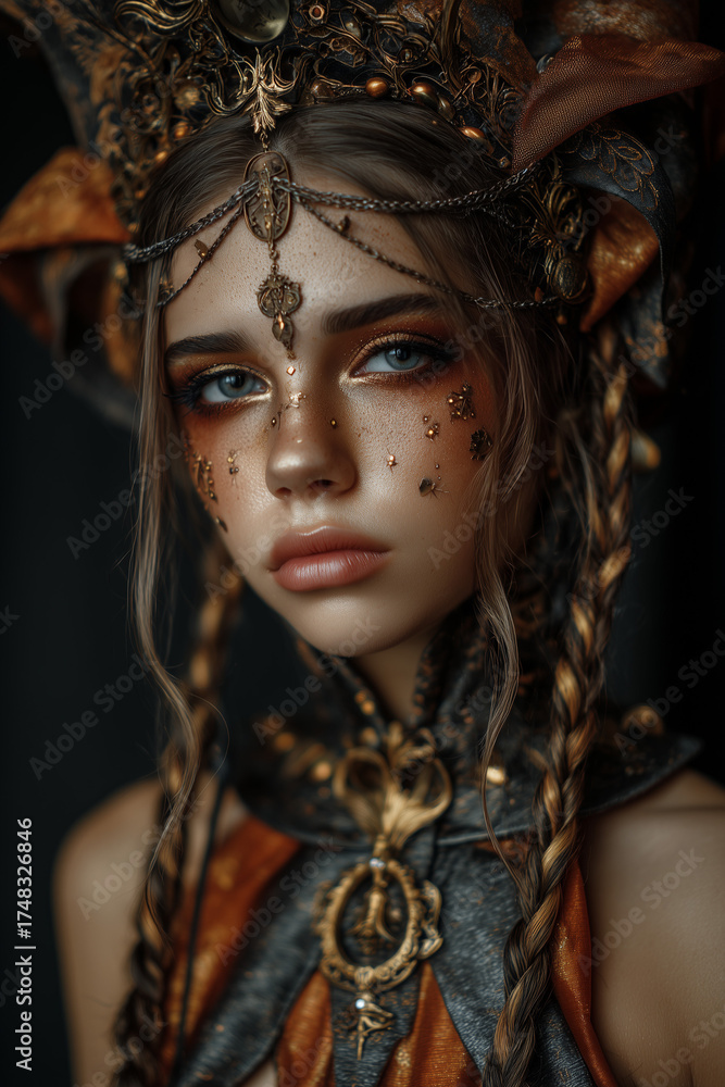 Fototapeta premium Artistic Portrait of Young Woman in Colorful Carnival Fantasy Costume on Dark Background