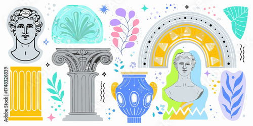 Collection of ancient greek roman sculptures and architectural elements with abstract shapes and botanical motifs