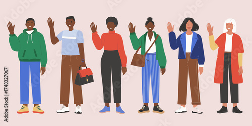 Diverse group of people waving hello in a friendly and welcoming manner
