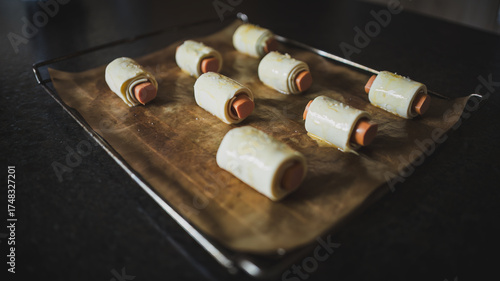 Photography prepared for the oven - vienna sausage in puff pastry