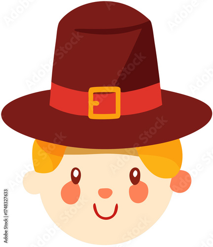 Cartoon of a pilgrim wearing a brimmed hat for Thanksgiving celebrations.