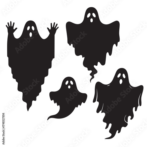 Ghost halloween horror silhouettes set, large pack of vector silhouette design, isolated white background set of 4 