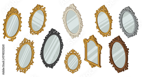 Vintage ornate mirrors collection with decorative frames in various shapes an…