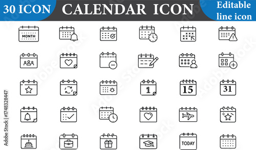 A set of calendar icons, Perfect for web and mobile design, these icons are editable and come in a variety of styles and shapes.
