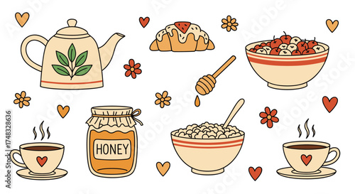 A cozy collection of breakfast items including tea coffee cereal pastries and honey.