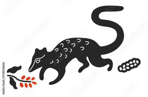 Kopi Luwak civet illustration. Stylized flat vector of an Asian palm civet with coffee berries and beans.