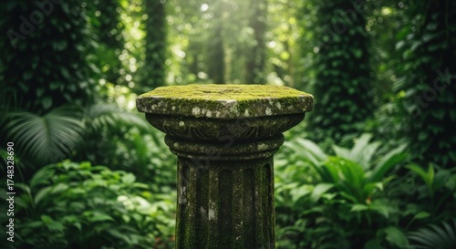 Moss-covered stone pedestal stands prominently, centered in a vibrant, sun-dappled, verdant green jungle