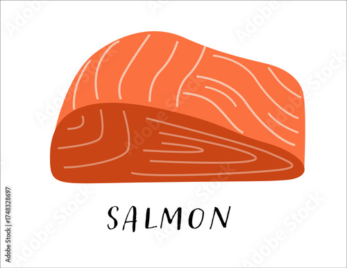 Salmon fillet illustration. Flat vector design of a raw salmon cut with white fat lines and vibrant orange color. Perfect for food, seafood, nutrition, and healthy eating projects.