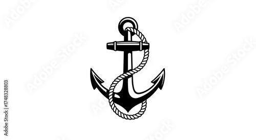 Nautical anchor with rope design in black silhouette on white background